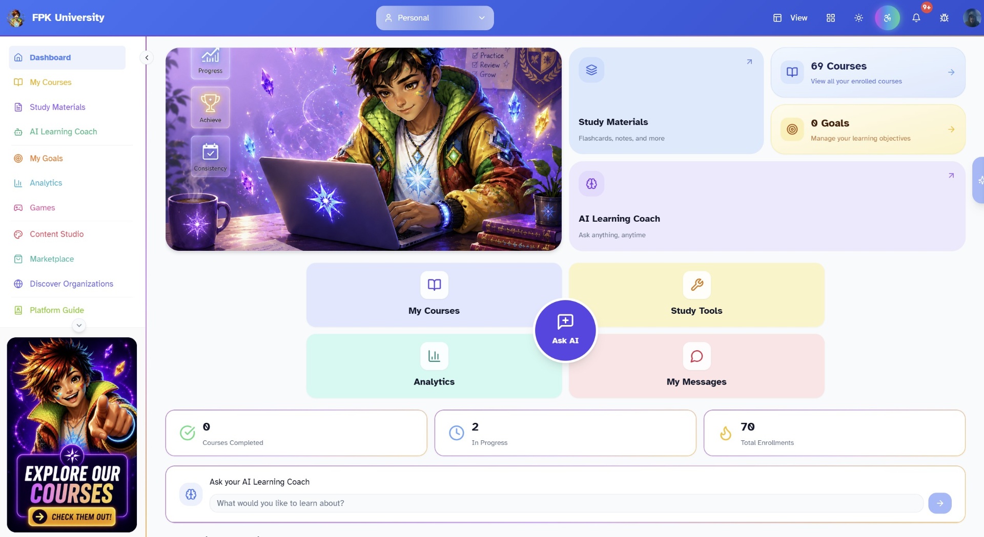 FPK University student dashboard with enrolled courses, study tools, goals, and the AI Learning Coach